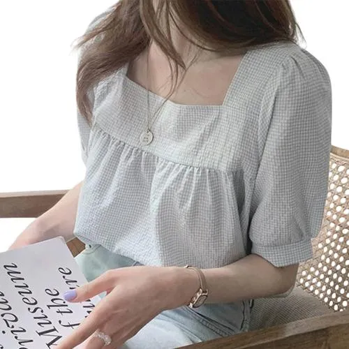 여자블라우스 반팔셔츠여성 반팔블라우스 여름 스퀘어넥 여자셔츠