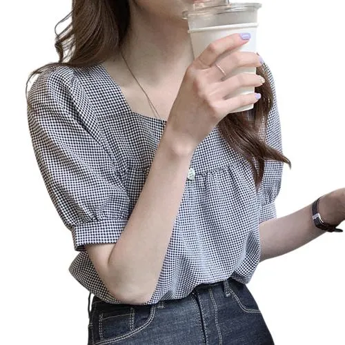 여자블라우스 반팔셔츠여성 반팔블라우스 여름 스퀘어넥 여자셔츠